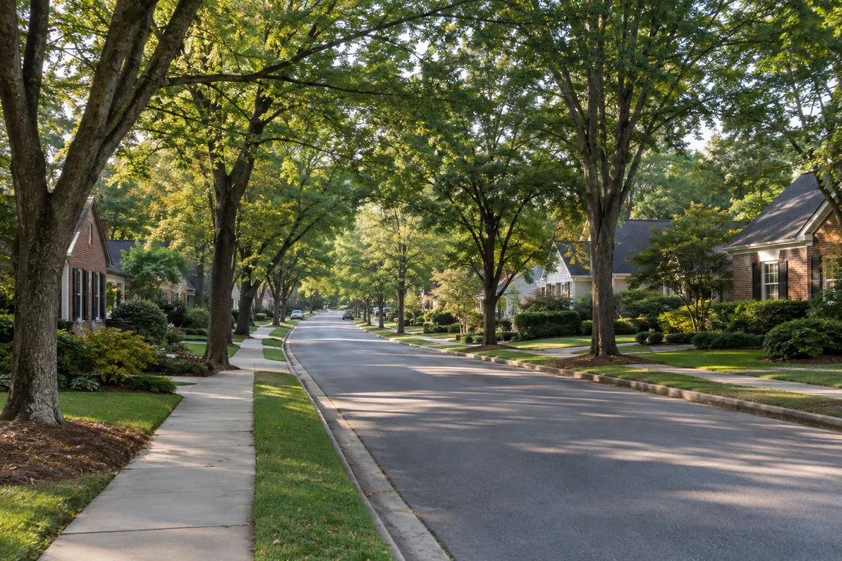 Tree-lined suburban street with sidewalks and mature landscaping