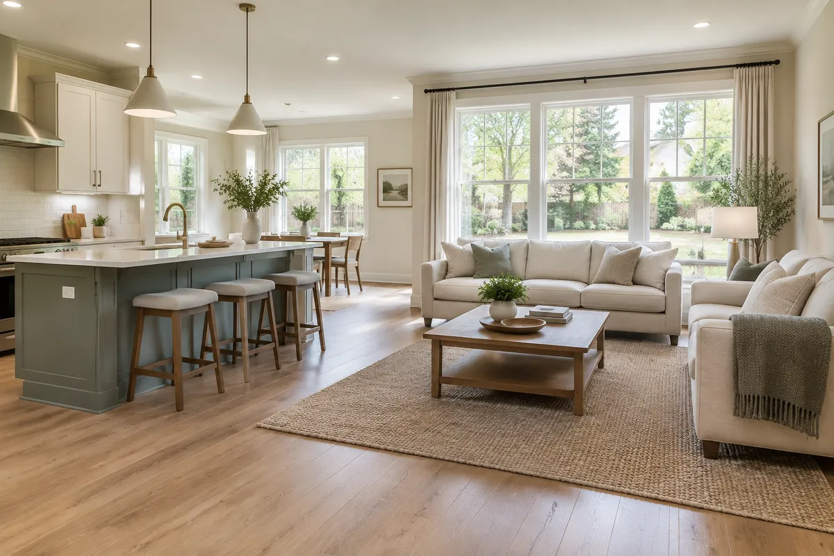 Modern open-concept home interior with kitchen and living space