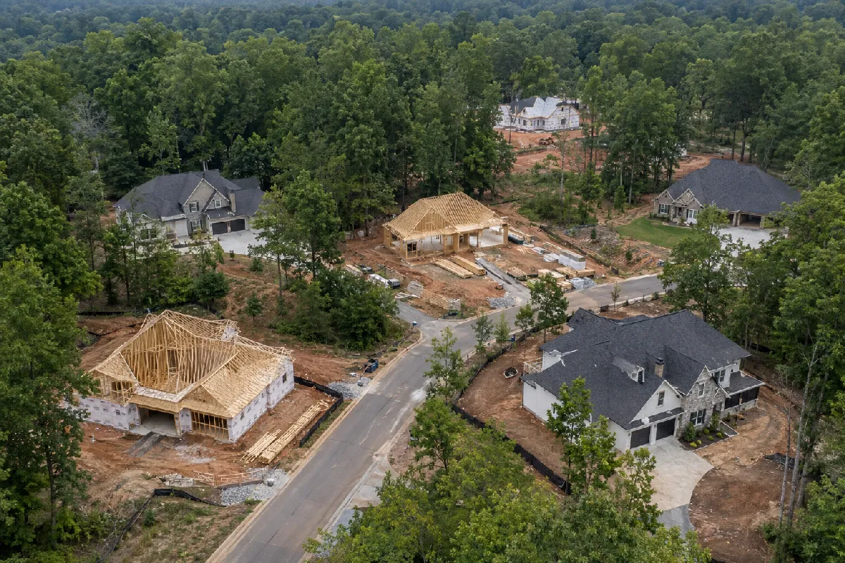 New home construction site in North Fulton showing homes being built among trees