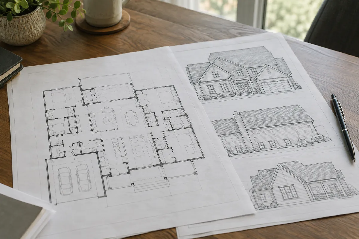 Construction blueprints and building plans laid out for review