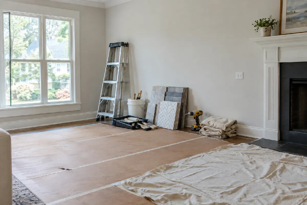 Home renovation in progress with construction materials and protective coverings