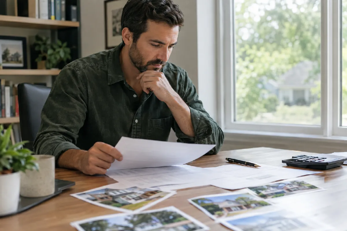 Real estate investor comparing loan proposals and property documents