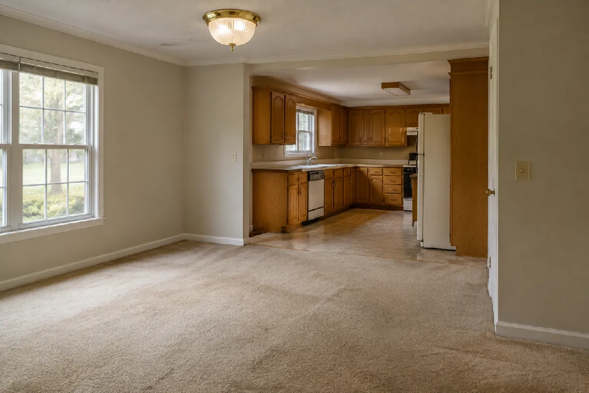 Dated home interior showing older finishes and fixtures typical of homes needing updating