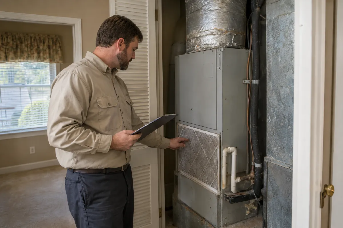 Home inspector checking HVAC system condition during property evaluation