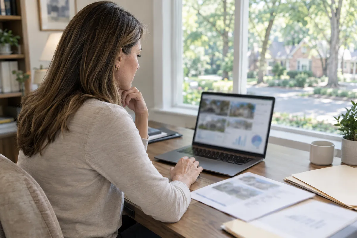 Real estate professional analyzing comparable property listings and market competition