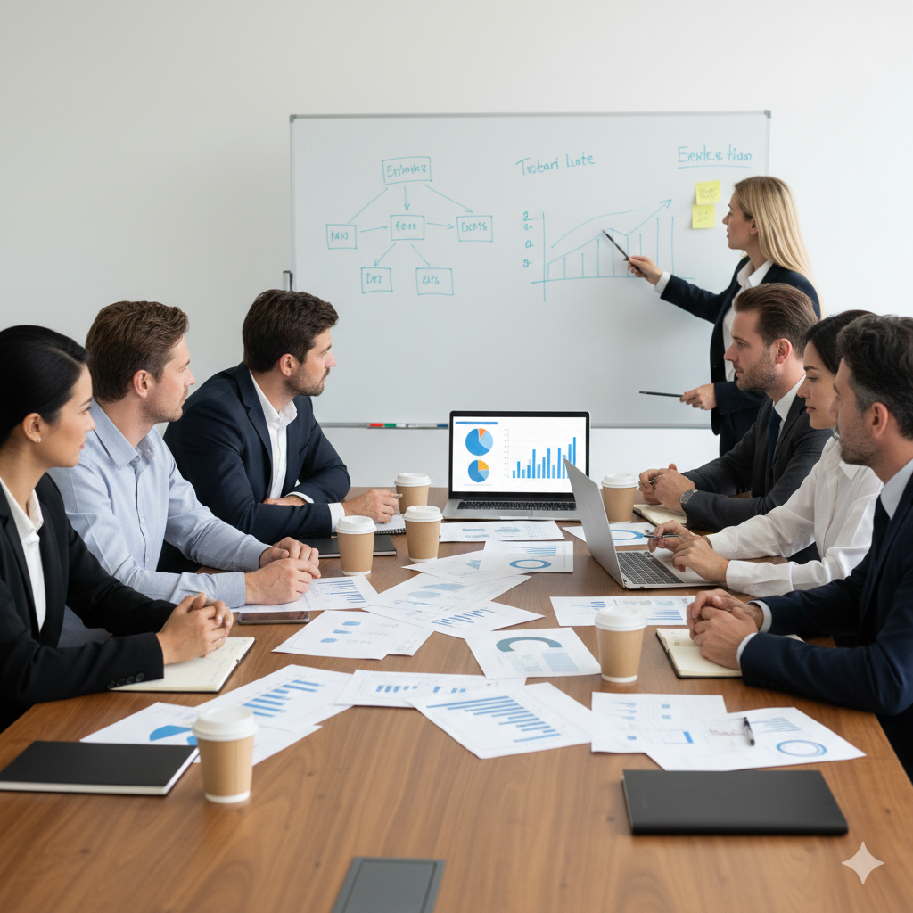 Real estate investors and homebuyers strategizing with professional coach and market data