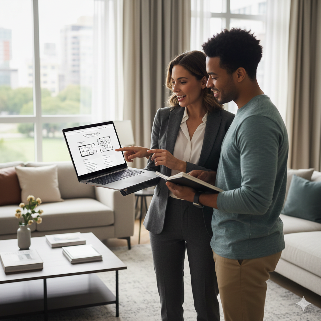 Real estate agent helping first-time homebuyers navigate new housing market rules